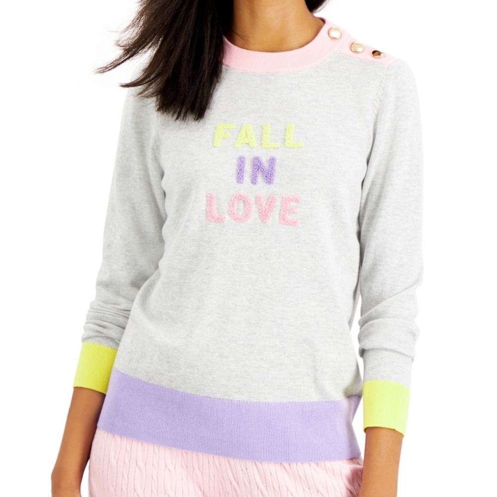 Charter Club Womens XL Fall in Love Pullover Sweater Gray Pastel Trim Long Slv
